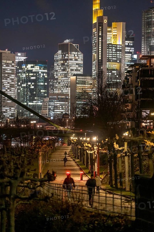 Skyline of the city centre of Frankfurt am Main, cycle and footpath, promenade, along the river Main, dusk, Hesse, Germany