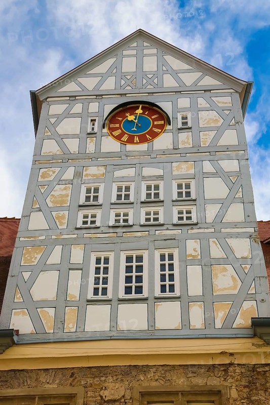 Spitalhof, medieval hospital, historic building on the market square, half-timbered, clock, Reutlingen, Baden-Württemberg, Germany