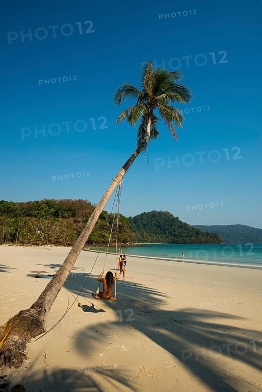 Sandy beach beach with coconut palms, Haad Khlong Hin Beach, Koh Kood, Koh Kut, Gulf of Thailand, Thailand