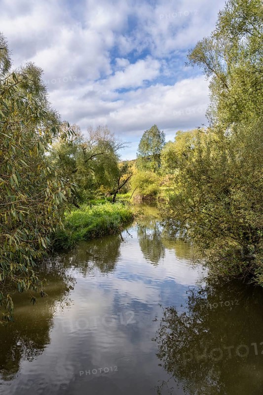 The Stockacher Aach flows through the autumn-coloured Stockacher Aachried into western Lake Constance, Hegau, Bodman-Ludwigshafen, Stockach, district of Constance, Baden-Württemberg, Germany