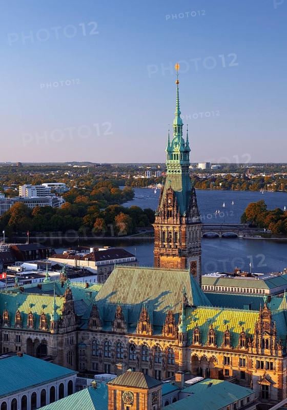 City view from above with the town hall and the Alster, Hamburg, Germany