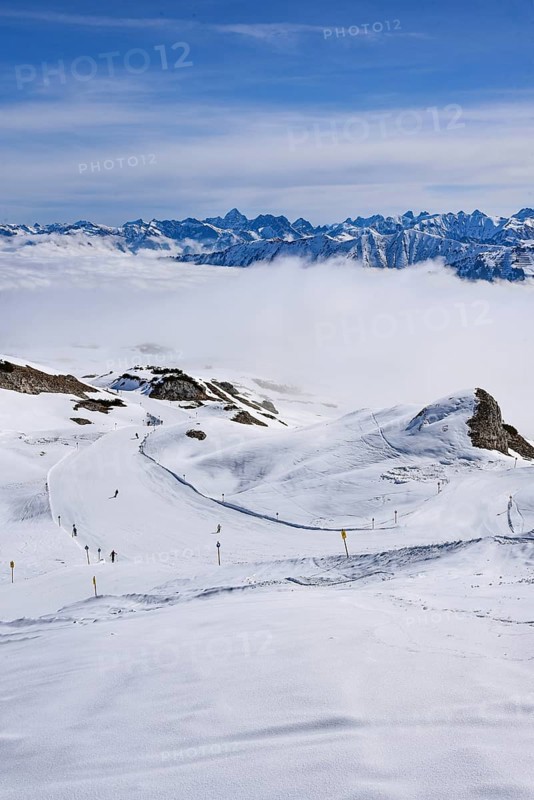 Ski area of the Hohe Ifen (2230 m) in Kleinwalsertal, on the Gottesacker plateau, Allgäu, Vorarlberg, Austria