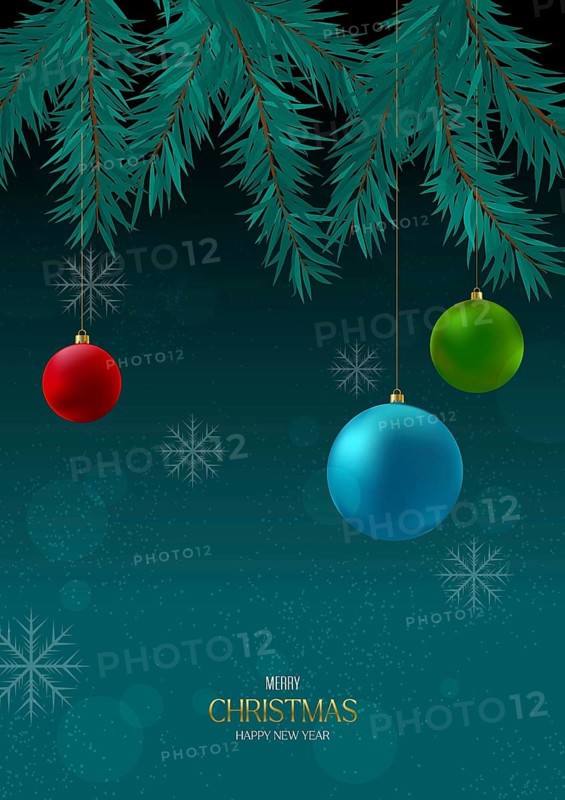 Winter holidays background, editable vector template with snowflakes and decorations in various colors. Christmas and New Year celebration text card