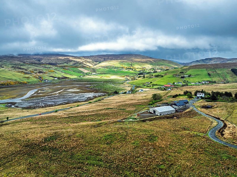 Farms and Moors over Loch Harport from a drone, Drynoch, Isle of Skye, Highlands, Scotland, United Kingdom