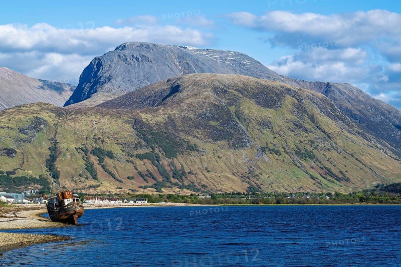 Corpach Wreck or Old Boat of Caol and Nevis Range Mountains, Caol Beach, Corpach, Fort William, Highland, Scotland, UK