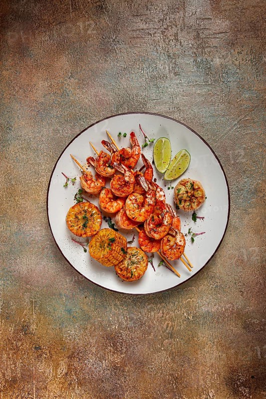 Tiger prawns on skewers, shrimp kebab, with corn, fried, homemade, no people