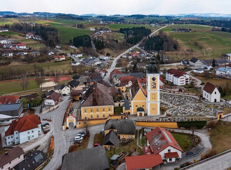 Drone shot, local view, parish church, Niederwaldkirchen, Mühlviertel, Upper Austria, Austria