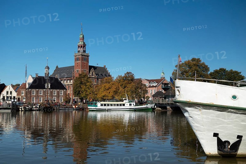 Museum harbour, town hall, Leer, East Frisia, Lower Saxony, Germany