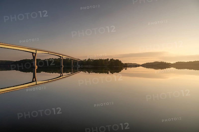 Morning atmosphere, Lövö bridge reflected in the water, Kasnäsintie, Falkö Fjord, Kasnäs, Hitis archipelago, archipelago south of Turku, Finland