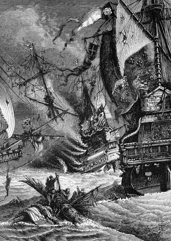 The defeat of the Spanish Armada by Queen Elizabeth I's Royal Navy in the Battle of Gravelines in the English Channel off Flanders, Belgium, in September 1588, digital reproduction of a historical model