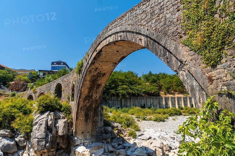 The beautiful Old Mes bridge near Shkoder. Albania, Europe. Ottoman stone arch bridge Ura e Kadiut