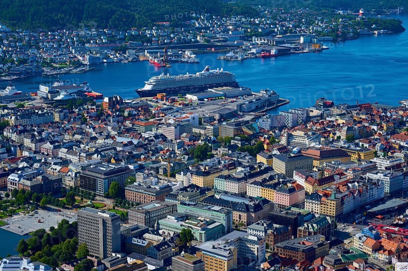 Panoramic view of a coastal town with harbour and a variety of buildings, Fløibanen mountain station, Bergen, Vestland, Norway