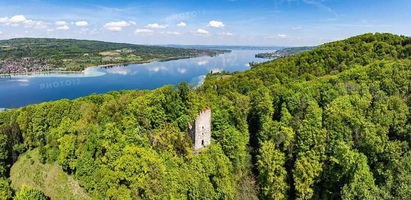 Aerial view, panorama of the Neuburg ruins, historical sight above Lake Constance, Untersee, Lake Rhine, opposite the Höri peninsula, Canton Thurgau, Switzerland