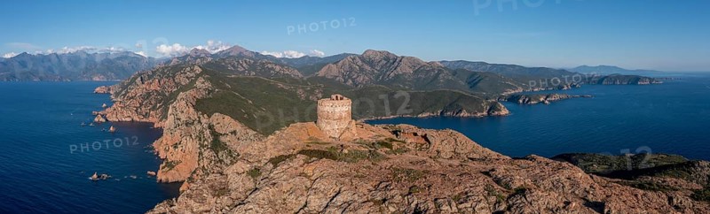 Aerial view, panorama, Genoese tower, stone tower, Torra di Turghju, Capo Rosso, Gulf of Porto, Corsica, France
