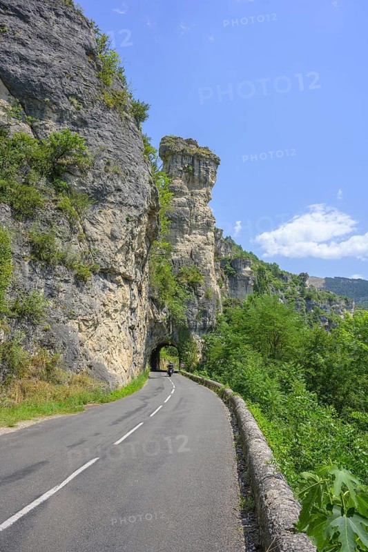 Tunnel through rock tower, road through the Tarn Gorge, Gorges du Tarn Causses, Département Lozère, France