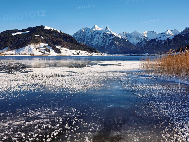 Frozen Sihlsee, reservoir, behind the snow-covered mountains Flübrig and Druesberg, Euthal, Canton Schwyz, Switzerland