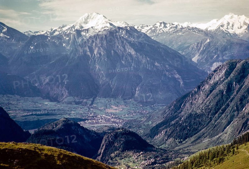 View from Belalp of snow-covered mountains to the Breithorn above Brig, Bernese Alps, Switzerland, Europe around 1960