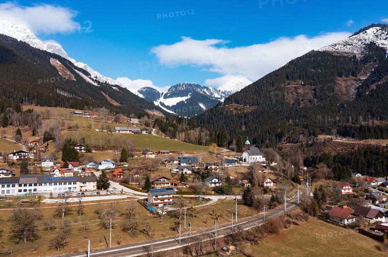 Drone image, residential buildings, view of town, Ardning, Ennstal, Styria, Austria