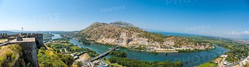 Panoramic of the river from the walls of Rozafa Castle and its citadel in the city of Shkoder. Albania