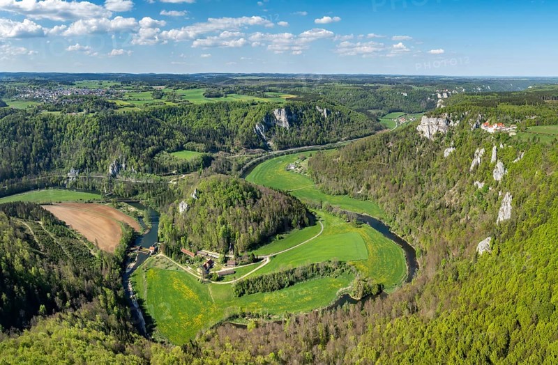 Aerial view, panorama of the upper Danube valley, Sigmaringen district, Baden-Württemberg, Germany