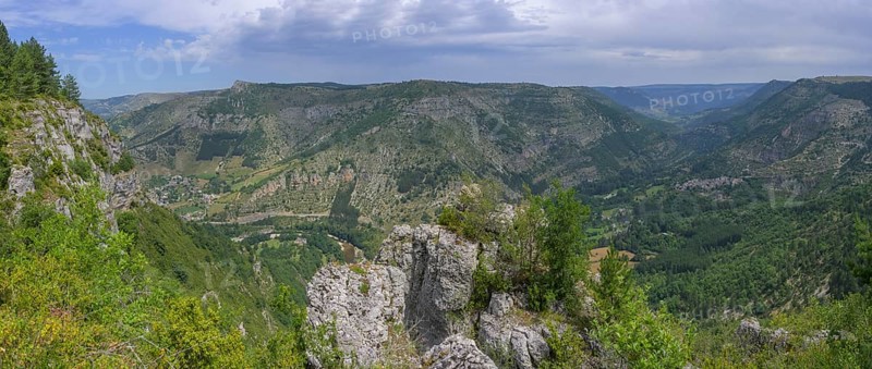 Panoramic view right mountain village Montbrun, mountain hike Les Moines, Gorges du Tarn Causses, Département Lozère, France