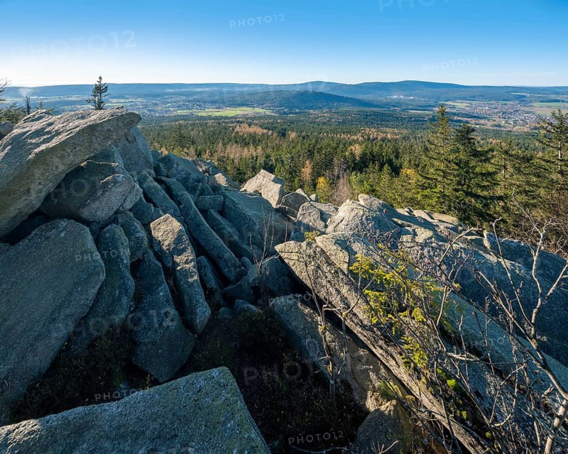 View from the Kösseine over the forests of the Fichtelgebirge, sea of boulders on the summit, Wunsiedel, Upper Franconia, Bavaria, Germany