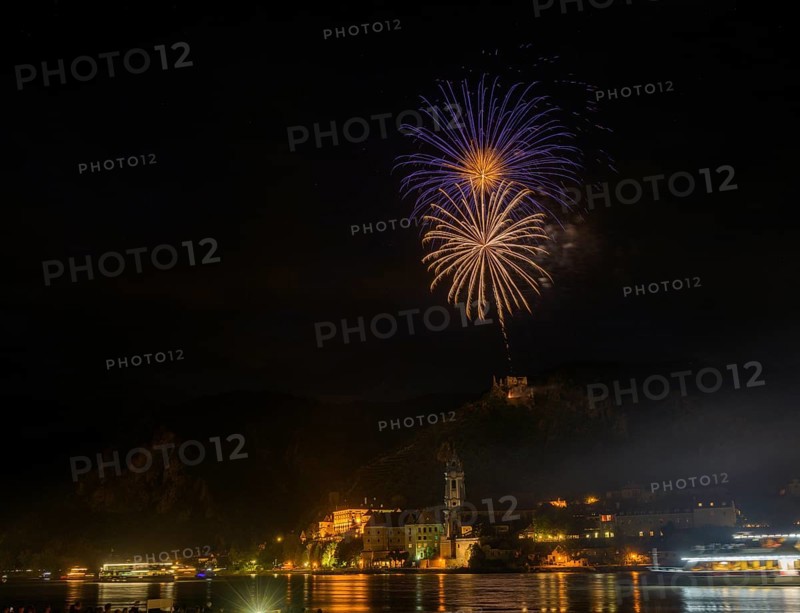 Solstice fireworks with a view of Dürnstein, Rossatz-Arnsdorf, Lower Austria, Austria