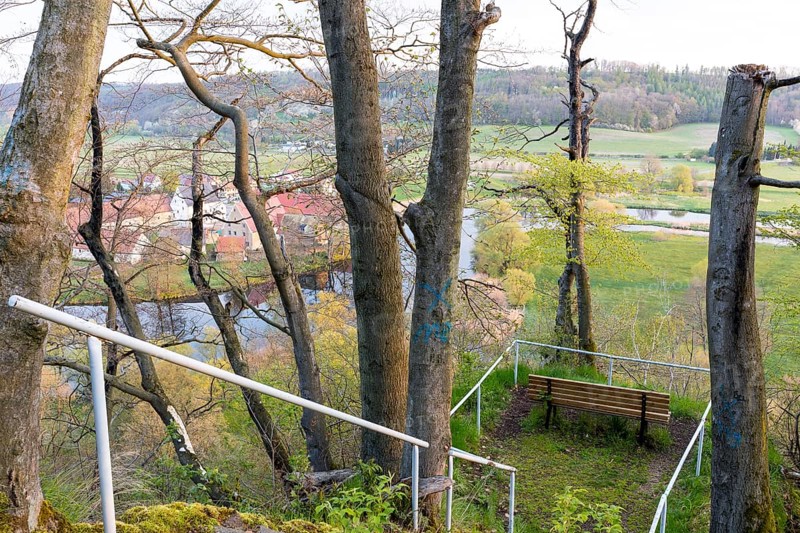 Maylust vantage point with a view of the Freiberg Mulde valley in the morning light, with Buch Monastery, Leisnig, Saxony, Germany