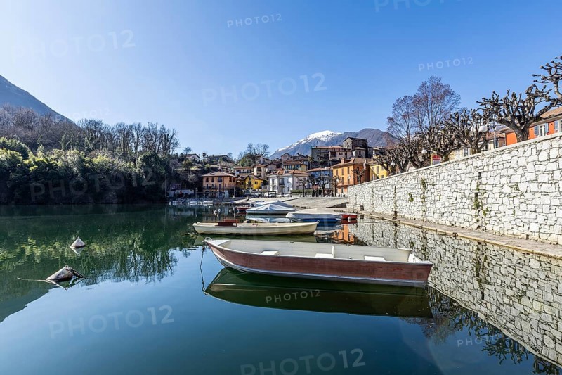 Boats on the lakeside promenade, Mergozzo, Lago di Mergozzo, Piedmont, Italy