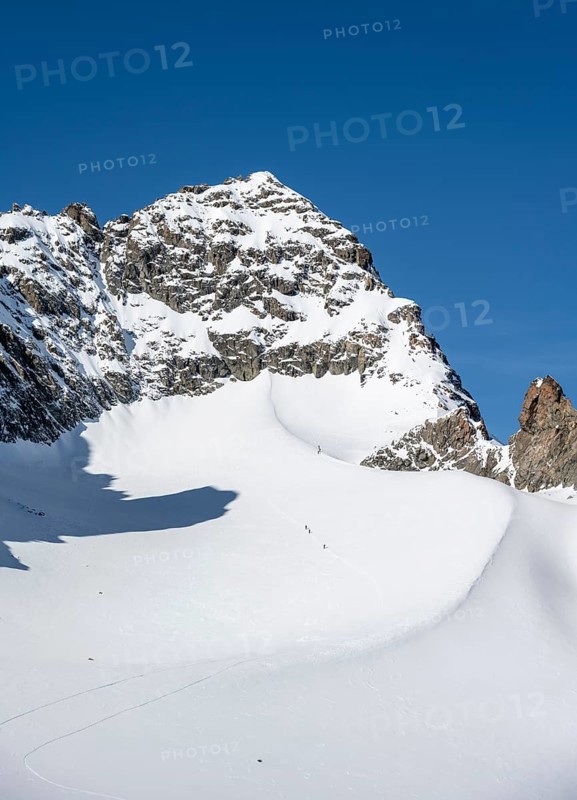 View of Piz Kesch mountain peak and Vadret da Porchabella glacier, Bündner Haute Route ski tour, Albula Alps, Rhaetian Alps, Grisons, Eastern Switzerland, Switzerland