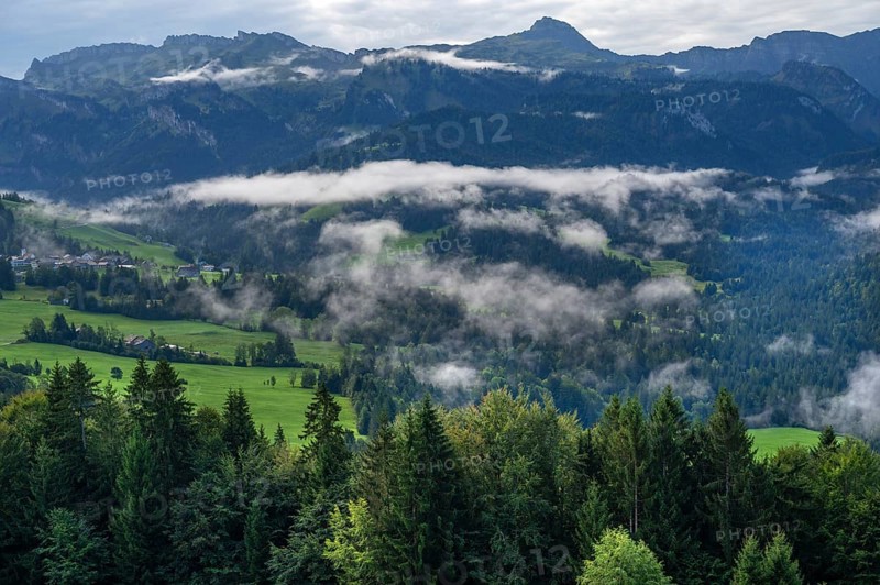 Fog in the valley, Allgäu Alps in the background, Sibratsgfäll, Austria