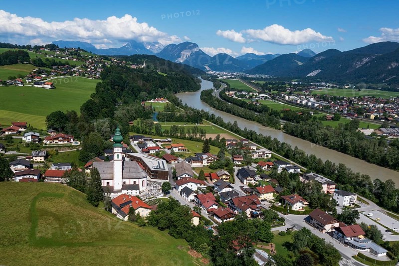 Drone image, view of village with parish church, Breitenbach am Inn, Inntal, Tyrol, Austria