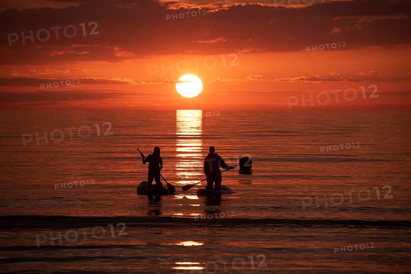 Two people paddling in the calm sea at sunset on stand-up paddle, silhouettes against a bright horizon and clouds, Baltic Sea peninsula Fischland-Darß-Zingst, Dierhagen, Mecklenburg-Vorpommern, Germany