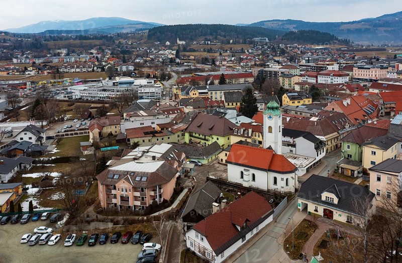 Drone shot, townscape with residential buildings and shopping centres, town view, Feldkirchen in Kärnten, Carinthia, Klagenfurt basin, Austria