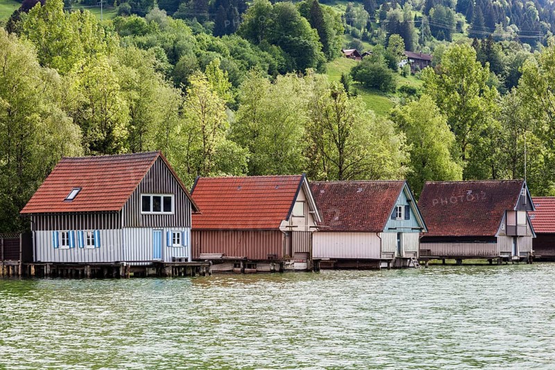 Boathouses in Bühl, Großer Alpsee, near Immenstadt, Oberallgäu, Allgäu, Bavaria, Germany