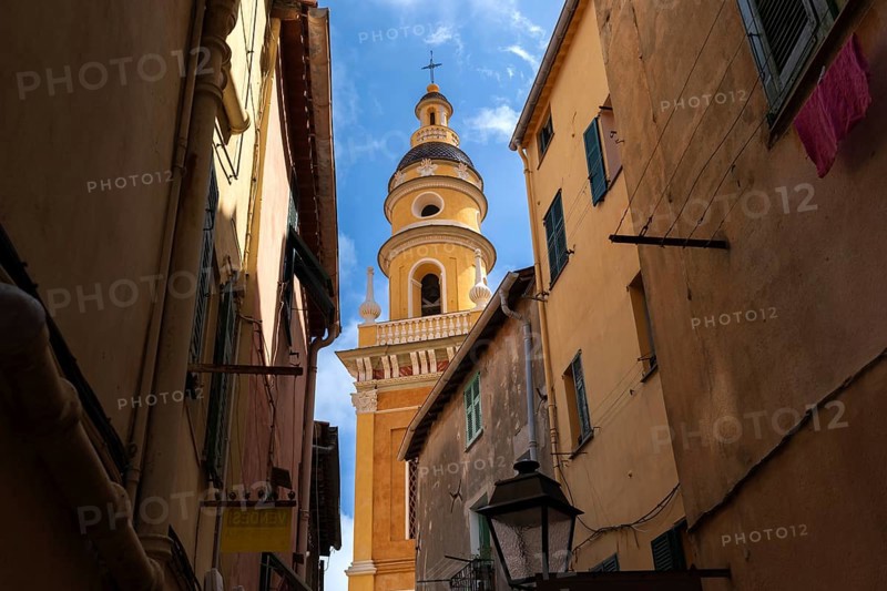France, French Riviera, Menton Basilica Michael Archangel and old city streets in historic center