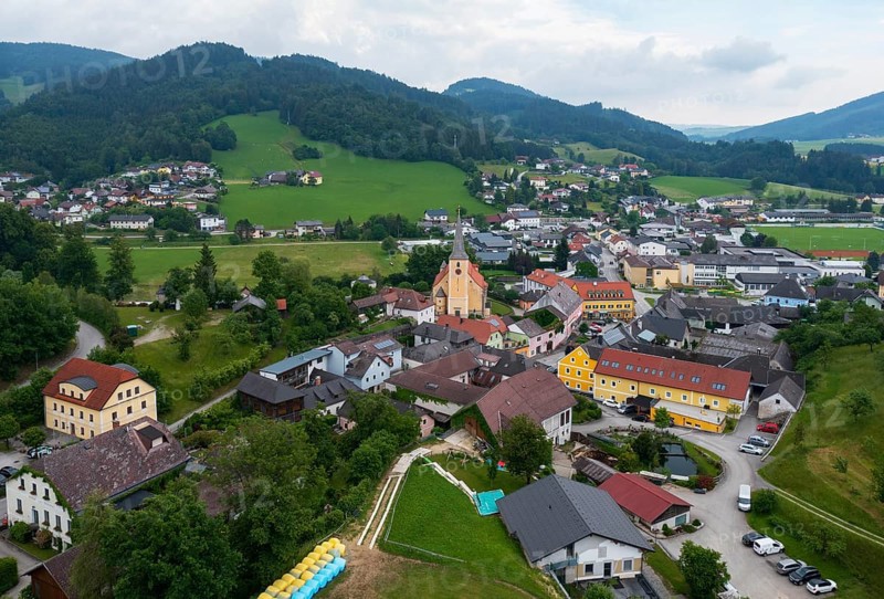 Drone image, view of the village, Waldhausen im Strudengau, Mühlviertel, Upper Austria, Austria