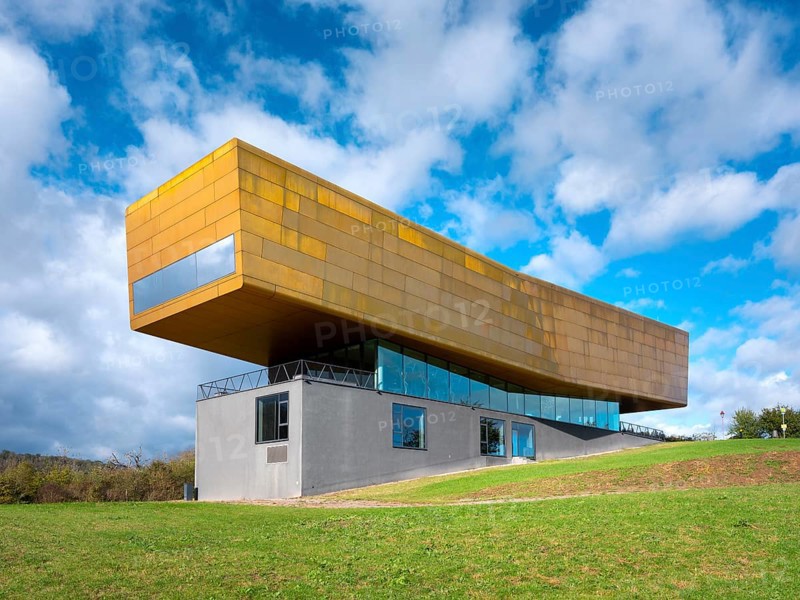 Nebra Ark on a green meadow with a cloudy sky, Museum of the Sky Disc, Visitor Centre, Nebra, Burgenlandkreis, Saxony-Anhalt, Germany