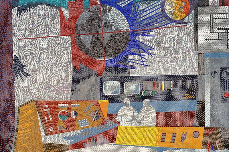 Detail from the glass mosaic Man conquers the cosmos in the style of Eastern Modernism, people in a computer control centre, artist Fritz Eisel, computer centre, Potsdam, Brandenburg
