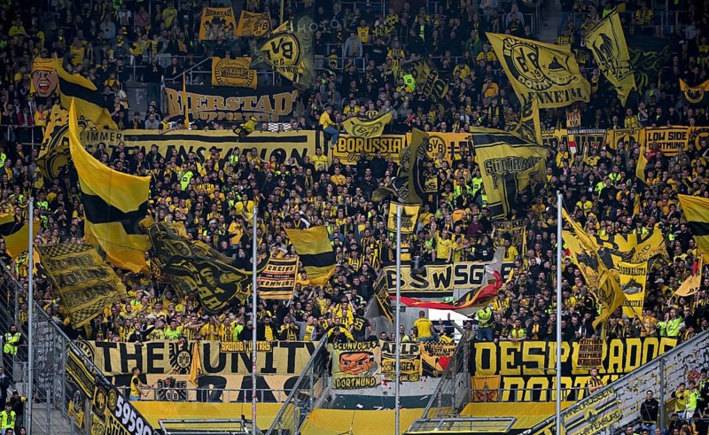 Fan block, fans, fan curve, flags, flags, atmosphere, atmospheric Borussia Dortmund BVB PreZero Arena, Sinsheim, Baden-Württemberg, Germany