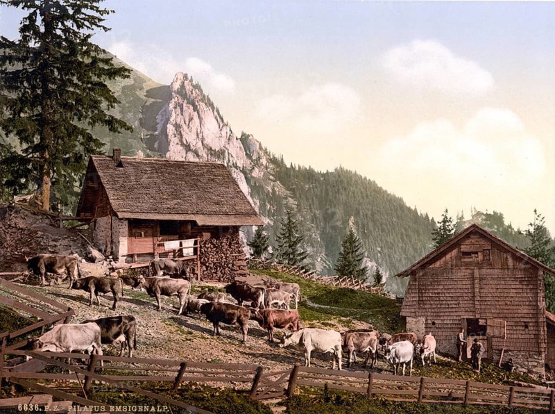 Emsigenalp with Sennhuetten, Pilatus, Switzerland, Historical, digitally restored reproduction from a 19th century original, Record date not stated