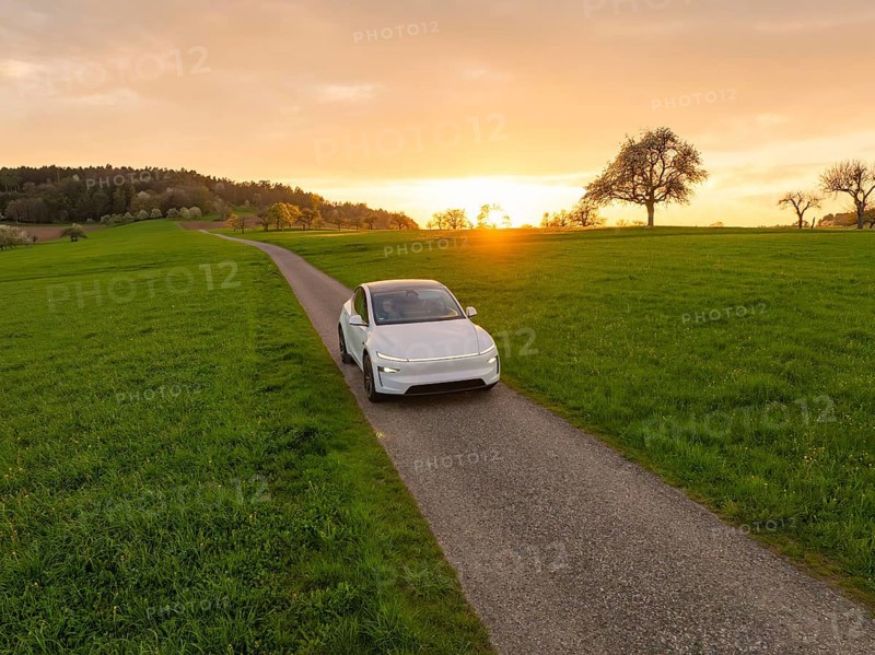 A white car on a rural road at sunset with a tree on the horizon, Tesla New Model Y, Germany