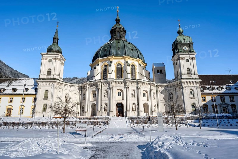 Ettal Abbey, baroque Benedictine abbey, inner courtyard with snow in winter, Ettal, Upper Bavaria, Bavaria, Germany