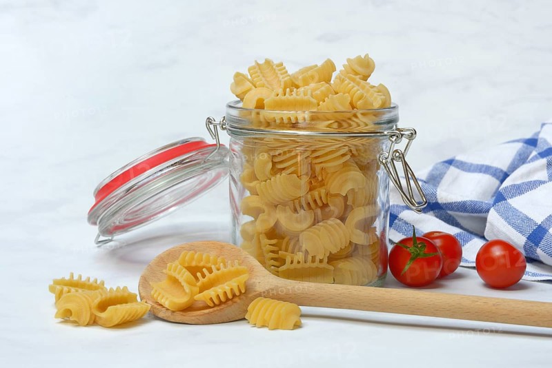 Italian pasta in glass containers, Radiatori variety