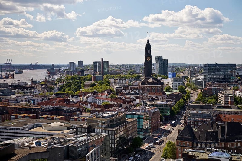 City view from above with the harbour and the main church St. Michaelis, called Michel, Hamburg, Germany