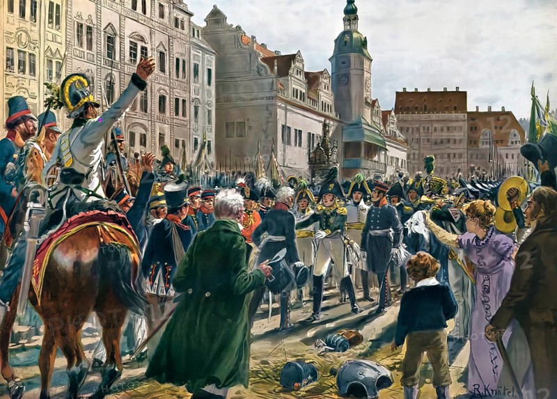 The monarchs and generals at the market place in Leipzig on 19.10.1813, from left: Gneisenau, Mueffling, Wilson, Natzmer, Bluecher, Radetzky, Alexander I, Frederick William III, Battle of the Nations near Leipzig, German Wars of Liberation 1813-1815
