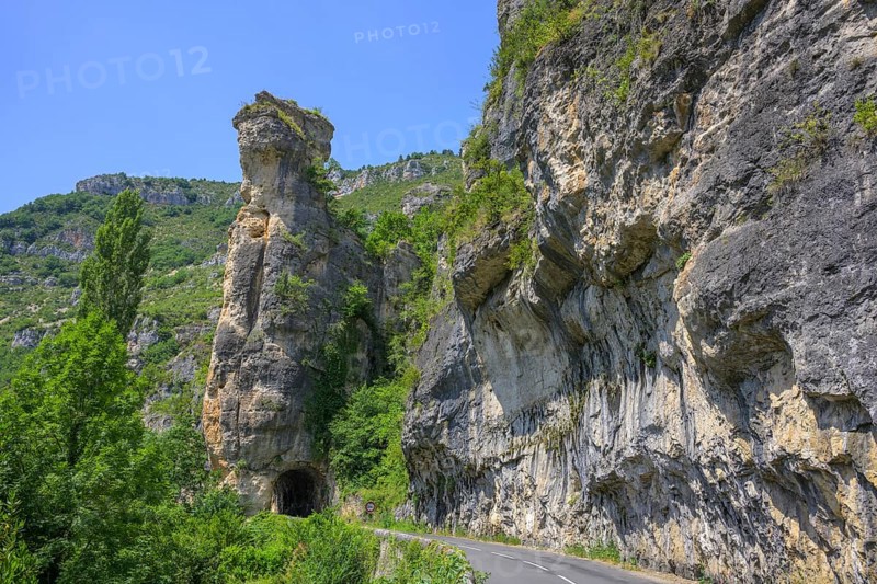 Tunnel through rock tower, road through the Tarn Gorge, Gorges du Tarn Causses, Département Lozère, France