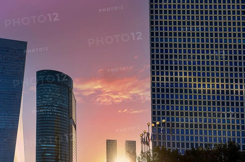 Israel, Tel Aviv financial business district skyline includes shopping malls and high tech offices