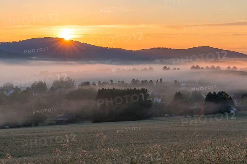 Oberlausitzer Bergland with fog at sunrise, view from Callenberg, Schirgiswalde-Kirschau, Saxony, Germany