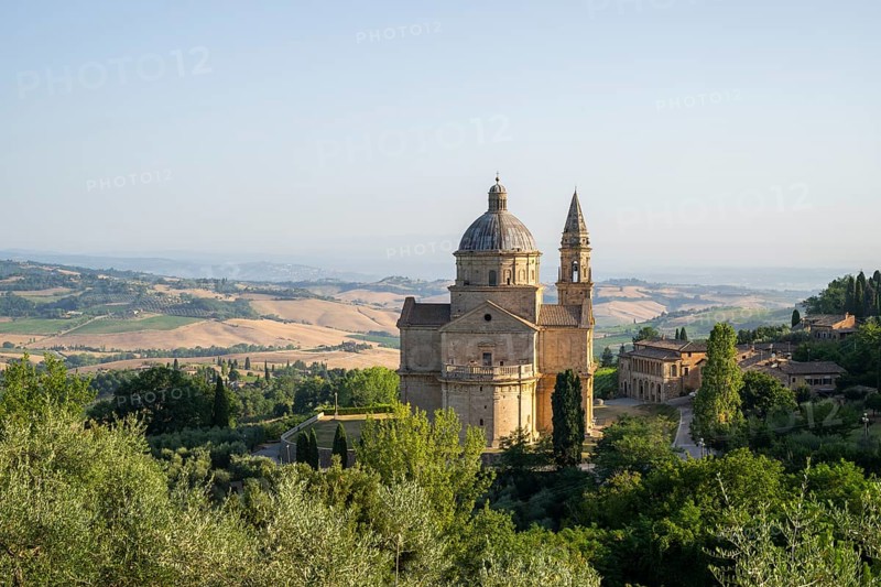 Typical Tuscan landscape, San Biagio Renaissance Church in autumn, architect Antonio da Sangallo, Montepulciano, Tuscany, Italy